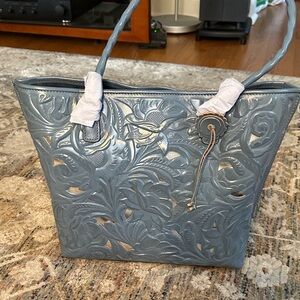 Patricia Nash Floral Embossed Blue Gray Tote w/ silver in cutouts